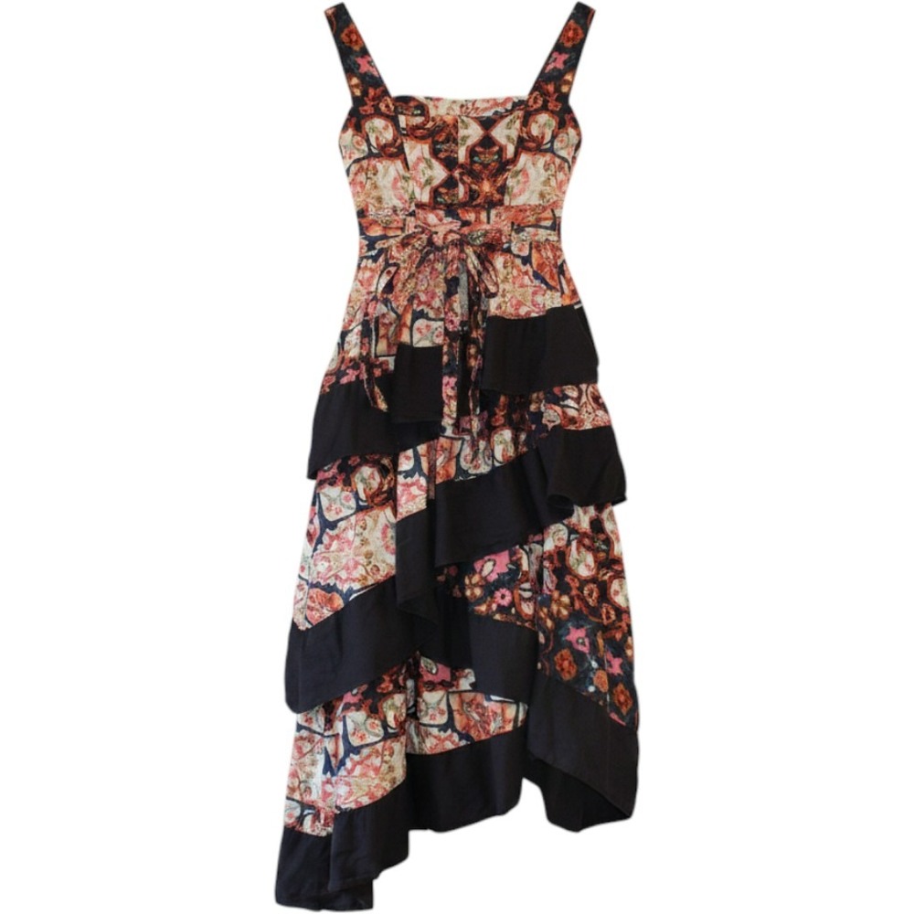 Anthropologie Patchwork Paisley Tiered Bohemian Midi Dress XSP Square Neck - Picture 2 of 5